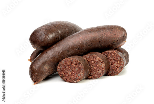 Black pudding isolated, blood sausage kaszanka, traditional Polish terrine, brawn sausages on white