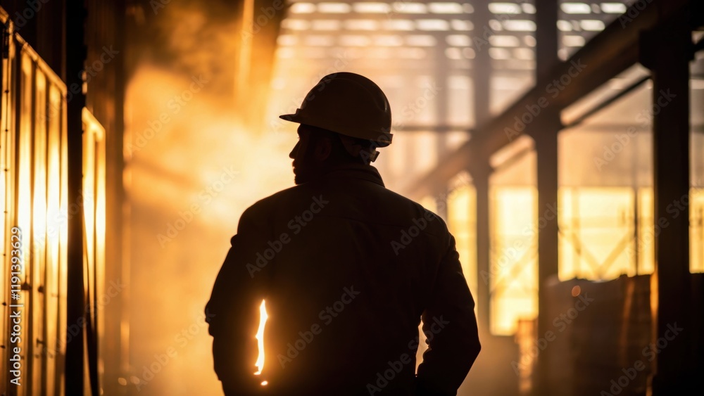A medium closeup of a workers silhouette in a protective stance surrounded by a warm golden light evoking a feeling of vigilance and responsibility. A medium closeup of a workers silhouette in a protective stance surrounded by a warm golden light evoking a feeling of vigilance and responsibility.