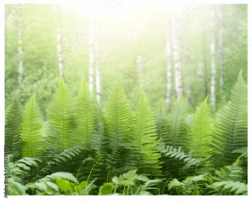 Lush ferns in a sun-dappled birch forest; tranquil nature scene ideal for wellness or environmental themes photo