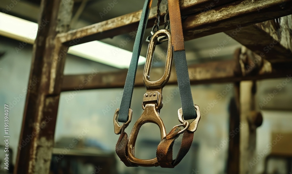Rusty metal frame, lifting device, straps hanging. Rusty metal frame, lifting device, straps hanging.