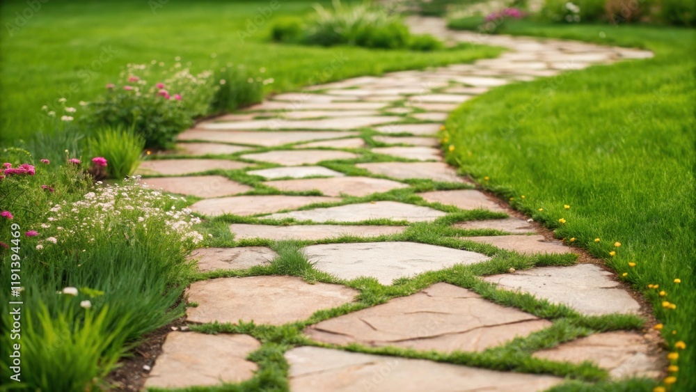 A medium closeup of intricately laid flagstone path winding through a newly landscaped garden with patches of lush green grass peeking between the stones and delicate wildflowers A medium closeup of intricately laid flagstone path winding through a newly landscaped garden with patches of lush green grass peeking between the stones and delicate wildflowers