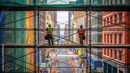 A medium closeup of scaffolding wrapped in safety netting where construction workers are visible working multistory heights juxtaposed against the vibrant colors of city life photo