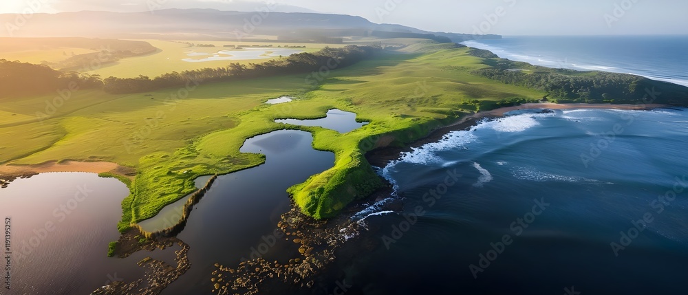 Fototapeta premium Serene Aerial View of Lush Green Coastline with Ocean and Meadow Landscape