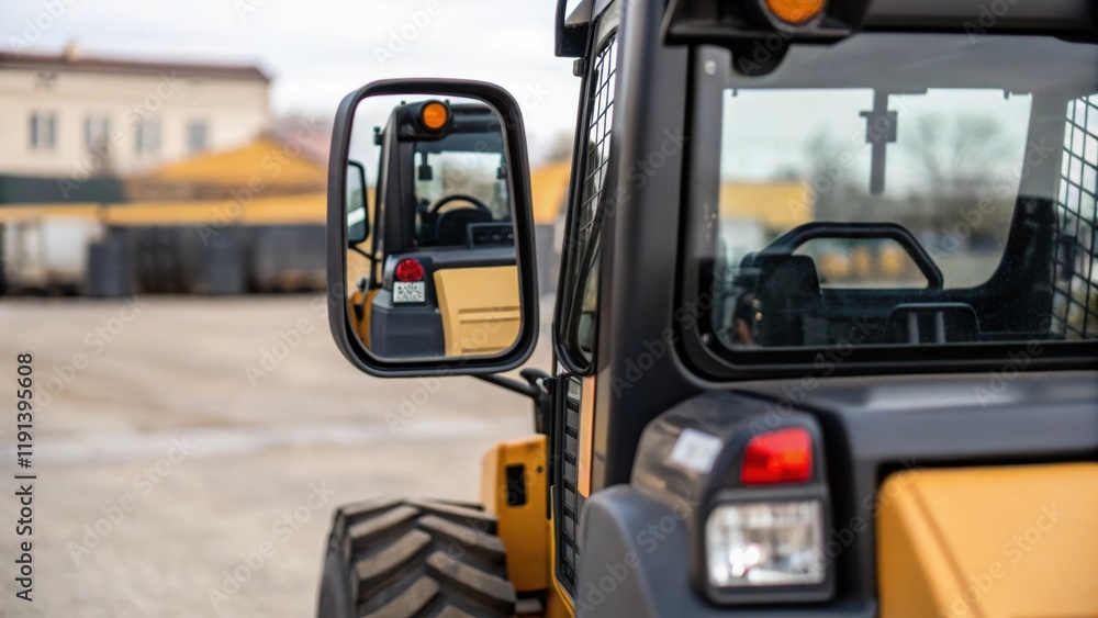 A medium closeup of the skid steer loaders rear view where the compact design and rearview mirrors reflect the nearby obstacles emphasizing spatial awareness. A medium closeup of the skid steer loaders rear view where the compact design and rearview mirrors reflect the nearby obstacles emphasizing spatial awareness.