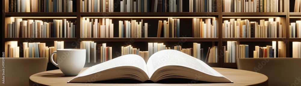 Fototapeta premium Cozy Library Setting with Open Book and Coffee Cup in a Warm Atmosphere