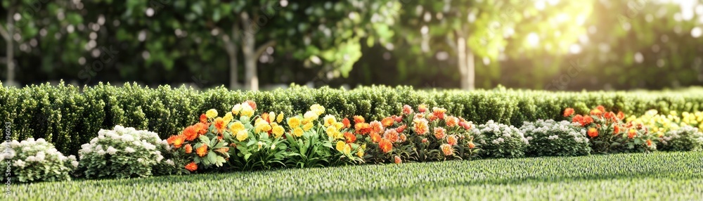 Fototapeta premium Vibrant Flower Bed in Sunlit Garden Surrounded by Lush Greenery and Blooming Plants