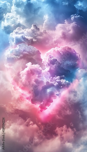 A dreamy valentine s day scene  a heart shaped cloud formation radiating colorful romance photo