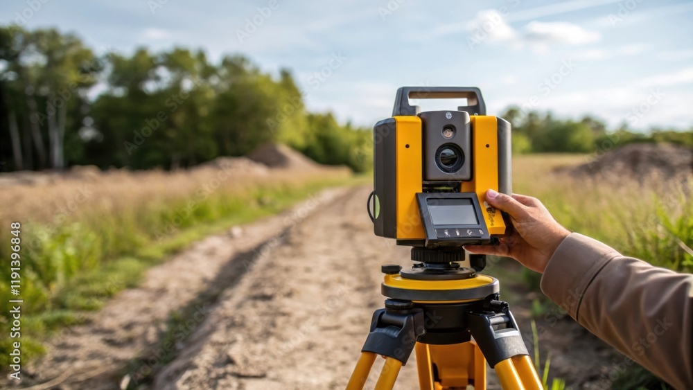 A medium closeup showing a technician carefully setting up the laser scanner on uneven terrain with a focus on the devices leveling mechanism and the surrounding natural landscape. A medium closeup showing a technician carefully setting up the laser scanner on uneven terrain with a focus on the devices leveling mechanism and the surrounding natural landscape.