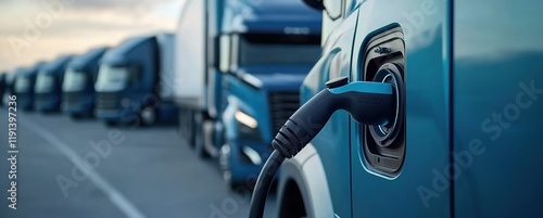 A close-up of an electric vehicle charging port on the side of a blue truck, with other trucks lined up in the background