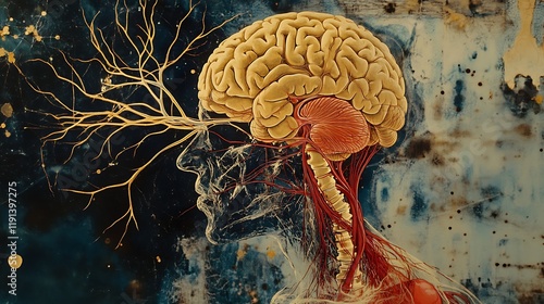 Human nervous system with detailed depiction of the brain spinal cord and peripheral nerves