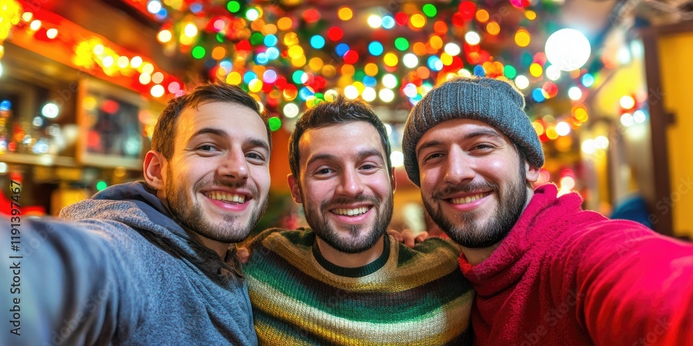 Festive friends selfie, city lights, winter Festive friends selfie, city lights, winter