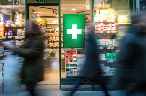 A green cross sign is on the door of an emergency pharmacy.