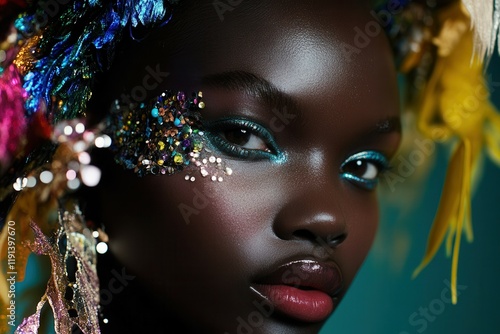 African female with vibrant makeup and colorful headpiece, close-up portrait. photo