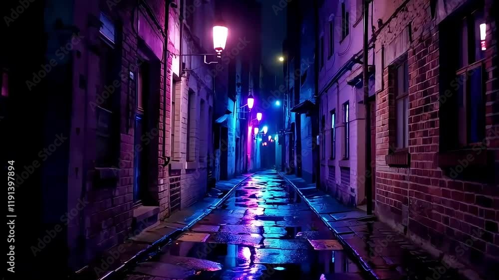 Neon lights wet cobblestone street reflections purple and blue Neon lights wet cobblestone street reflections purple and blue
