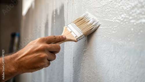 An intimate closeup of a workers hand carefully applying finishing touches to a wall focusing on the texture of the paintbrush stroke against the freshly painted surface.
