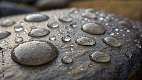 An intimate view of water droplets ing together on a sealed stone surface emphasizing the texture of the stone as the beads create a contrast against its ruggedness.
