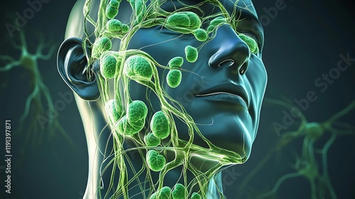 Artistic representation of the lymphatic system showing lymph nodes and vessels