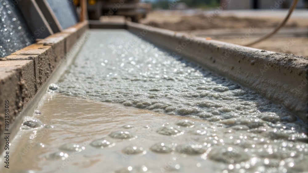 An intricate closeup of the pumps delivery line where the concrete begins to exit revealing the smooth transition of material as it cascades into a waiting form with bubbles An intricate closeup of the pumps delivery line where the concrete begins to exit revealing the smooth transition of material as it cascades into a waiting form with bubbles