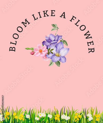 Spring floral frame with pink flowers and butterflies in a decorative nature-inspired design