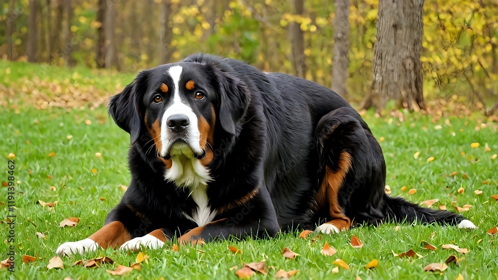 Beautiful Bernese Mountain Dog Relaxing on Autumn Grass with Fall Foliage Background - Pet and Animal Photography Beautiful Bernese Mountain Dog Relaxing on Autumn Grass with Fall Foliage Background - Pet and Animal Photography