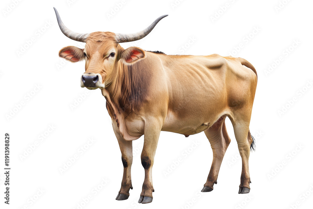 Brown cow standing on plain ground with prominent horns during daytime thrives in rural setting Brown cow standing on plain ground with prominent horns during daytime thrives in rural setting