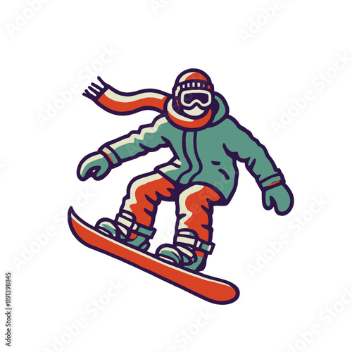 A cartoon snowboarder in green and orange gear riding downhill with energy and style, ideal for winter activity themes and sports illustrations. Isolated vector illustration.