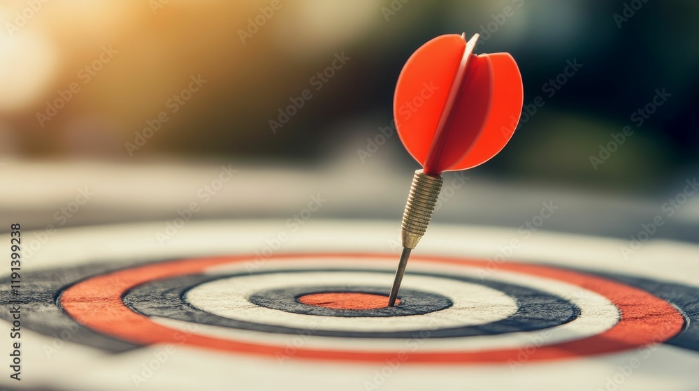 Red dart, centered, bullseye target, achievement. Red dart, centered, bullseye target, achievement.