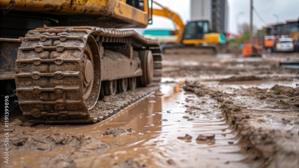 Closeup of a muddy construction site where machinery wheels are stuck in the sludge highlighting the challenges posed by heavy rainfall and halted activities. Closeup of a muddy construction site where machinery wheels are stuck in the sludge highlighting the challenges posed by heavy rainfall and halted activities.