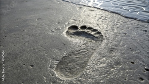 Closeup of a single footprint in the center of a fresh concrete slab highlighting the deep impressions left by the heel and toe surrounded by a halo of freshly spread concrete photo