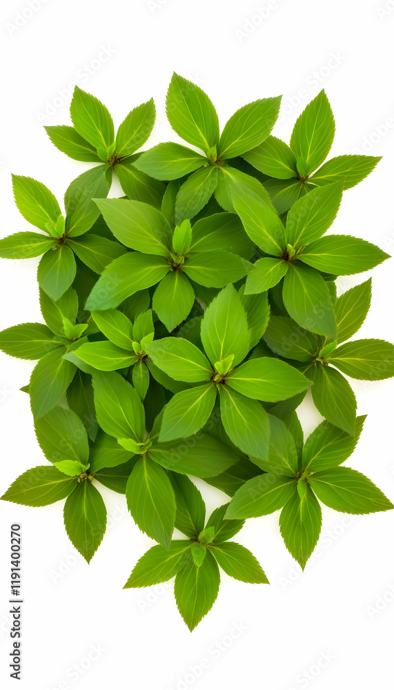 Lush green foliage, overhead view, isolated on white, perfect for nature, eco, or health website backgrounds Lush green foliage, overhead view, isolated on white, perfect for nature, eco, or health website backgrounds