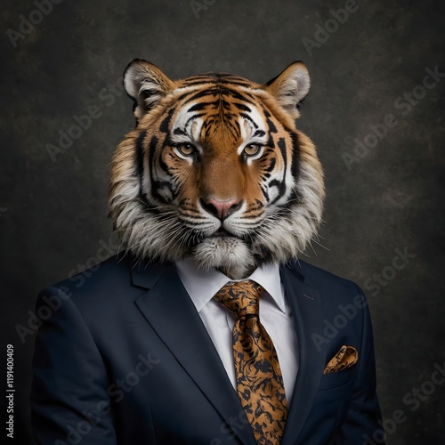 Portrait of a majestic tiger dressed in a stylish business suit showcasing the blend of nature and corporate fashion photo