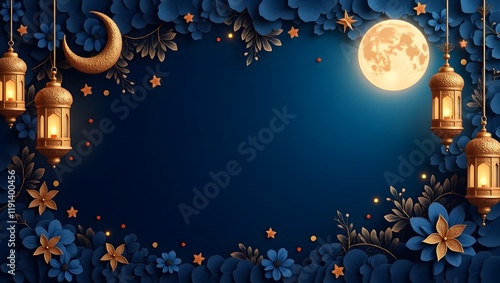 Islamic background A serene Ramadan night view with a shining full moon, beautiful flowers and hanging lanterns photo