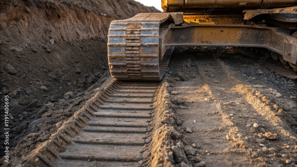 Fototapeta premium Closeup of machinery tracks muddying the perimeter of the foundation pit with a backdrop of deep earth and gravel emphasizing the heavy equipments role in creating a stable base