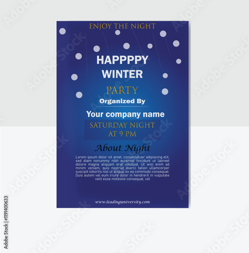 Flayer design, frosty winter night, party flayer, vibrant blue theme, snowflake accents, elegant typography, for festive celebrations, dazzling, winter bash, flayer.