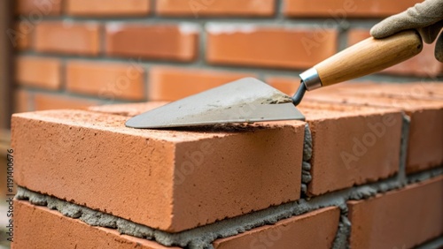Closeup of mortar being applied with a trowel between newly laid bricks emphasizing the consistency of the mixture and the careful precision of the application.