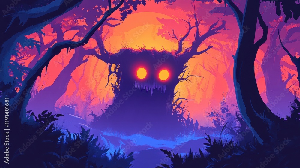 Fototapeta premium Glowing Eyed Forest Monster Lurks Among Trees