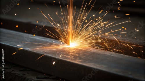 Closeup view of a single radiant spark colliding with the jagged edge of a metal piece the contact point glowing intensely as small droplets of molten metal begin to form and flow. photo