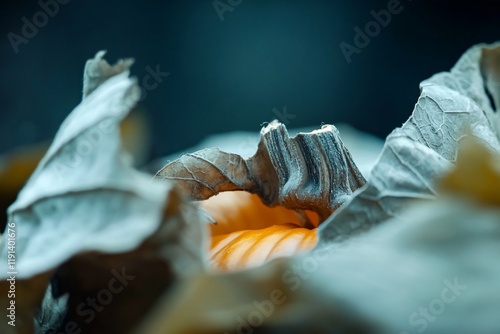 Autumn pumpkin hidden in leaves, close-up photo