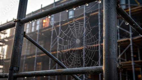 Details of dewcovered web elements against the backdrop of stark scaffolding the contrast of the natural and manmade evokes a sense of eerie beauty in urban decay. photo