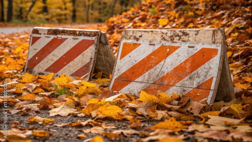 Obraz premium Faded Colors of Fall A medium closeup of weathered construction signs partially hidden under a blanket of fallen leaves illustrating the passage of time and the changing seasons at