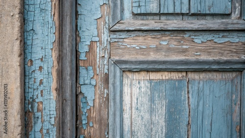 Eroding Wood A medium closeup of peeling paint on a doorframe revealing the weathered wood beneath where blue and gray tones blend together hinting at stories untold and times photo