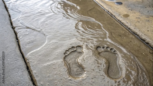 Examination of the wet concrete surrounding two adjacent footprints focusing on the flow of the material around the edges capturing how the cement has settled and smoothed while