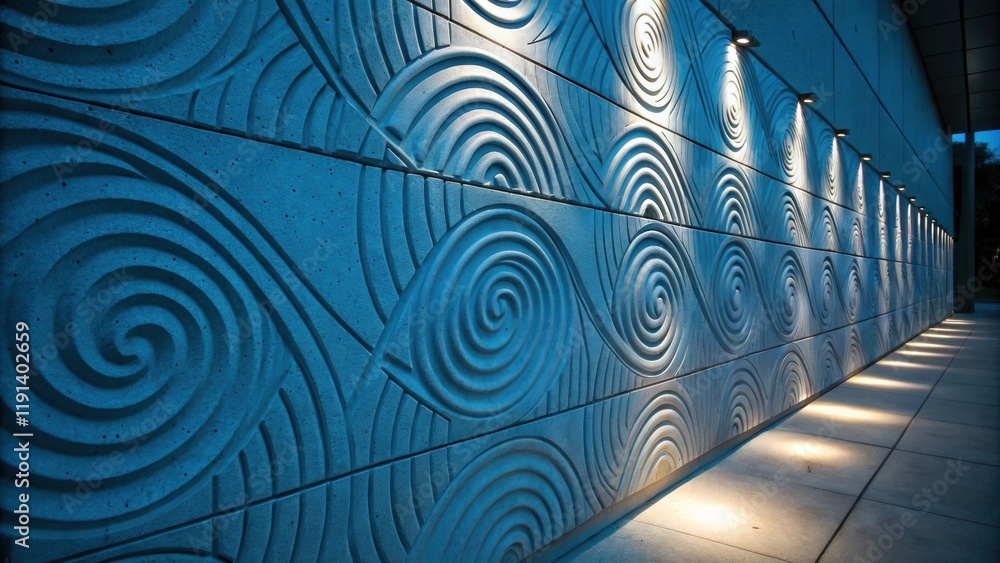 Naklejka premium In a medium closeup a textured wall displays swirling patterns illuminated by a celestial blue light casting unusual curvilinear shadows that dance across the surface introducing