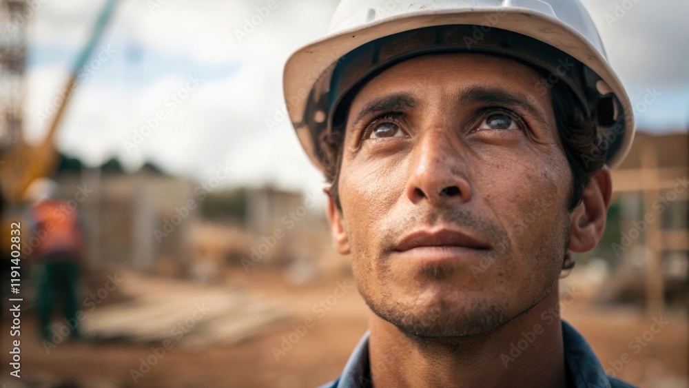 Fototapeta premium Laborers Face A medium closeup of a determined face eyes focused intently on the task ahead embodying the hopes and aspirations tied to the groundbreaking ceremony.