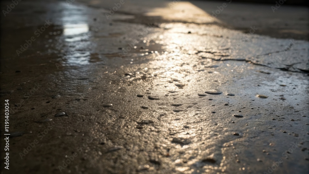 Medium closeup focusing on a patch of damp concrete in the shade where the translucence of moisture captures surrounding light in glistening spots while deeper shadows accentuate Medium closeup focusing on a patch of damp concrete in the shade where the translucence of moisture captures surrounding light in glistening spots while deeper shadows accentuate