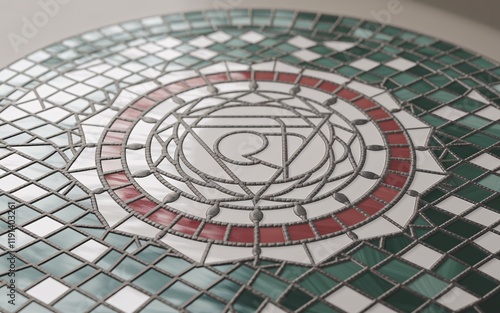 Circular mosaic tile design featuring the sacral chakra symbol. photo