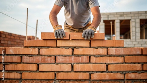 Wallpaper Mural Medium closeup of a construction worker standing atop a pile of bricks fingers running along the surface of a freshly laid wall. The texture of the bricks contrasts with the smooth Torontodigital.ca