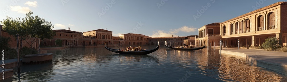 Obraz premium Serene Canal with Gondolas in a Mediterranean-Style Courtyard at Sunset
