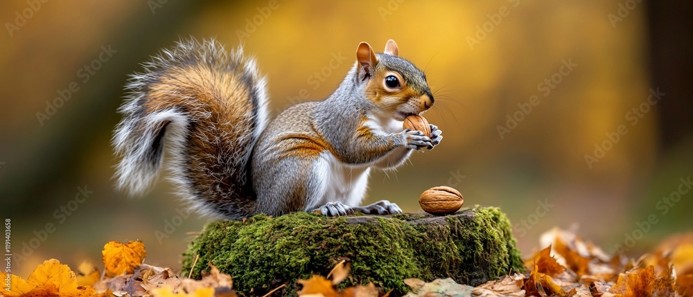 Autumn squirrel eating nut on mossy stump (1) Autumn squirrel eating nut on mossy stump (1)