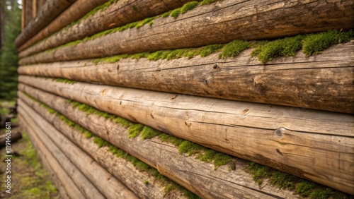 Medium closeup of a nearly completed cabin wall showcasing roughhewn planks arranged vertically with patches of green moss peeking through the spaces between the logs.